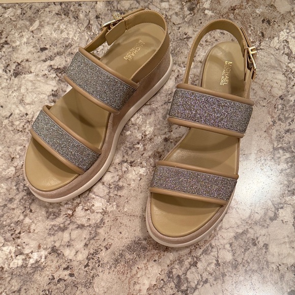Michael Kors Shoes - Michael Kors Silver Glitter Sandals with Tan Accents